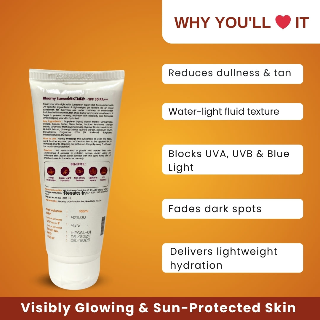 Bloomy SPF PA++ 30 Sunscreen Water-Light,UVA/UVB & Blue Light Protection